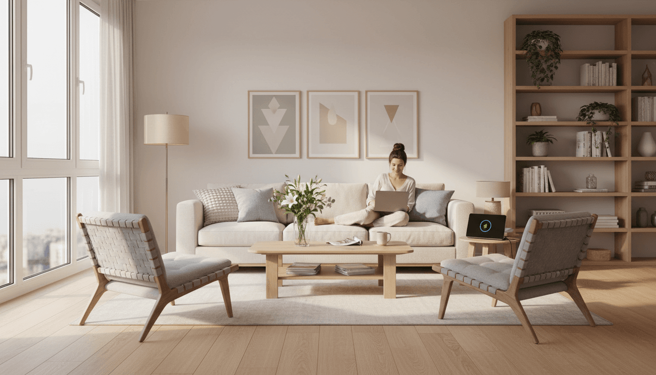 Bright modern vacation rental living room with comfortable seating and natural light