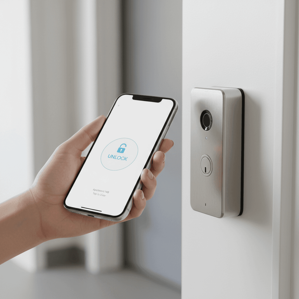 Guest using smartphone to check into a vacation rental at the front door