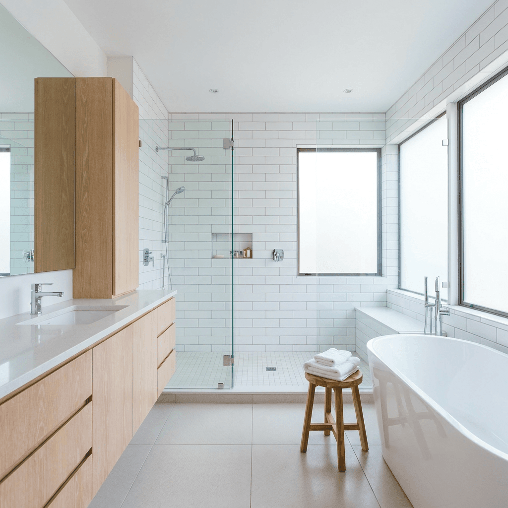 Bright clean bathroom with fresh white towels