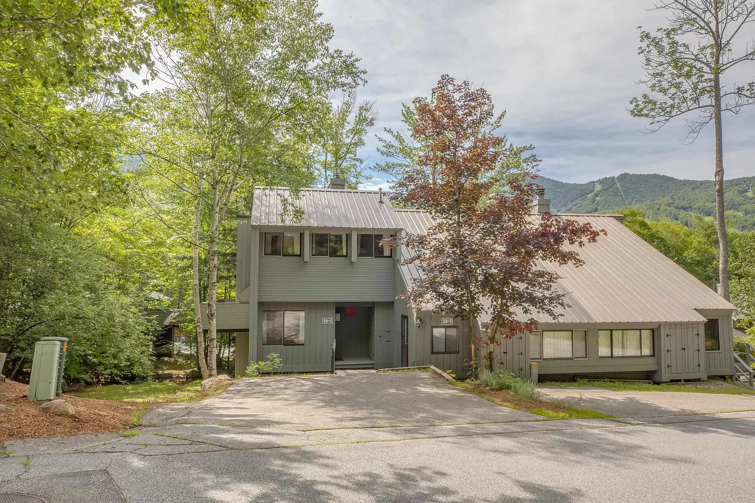Grey two-story house with a metal roof nestled in a forest with mountain views.